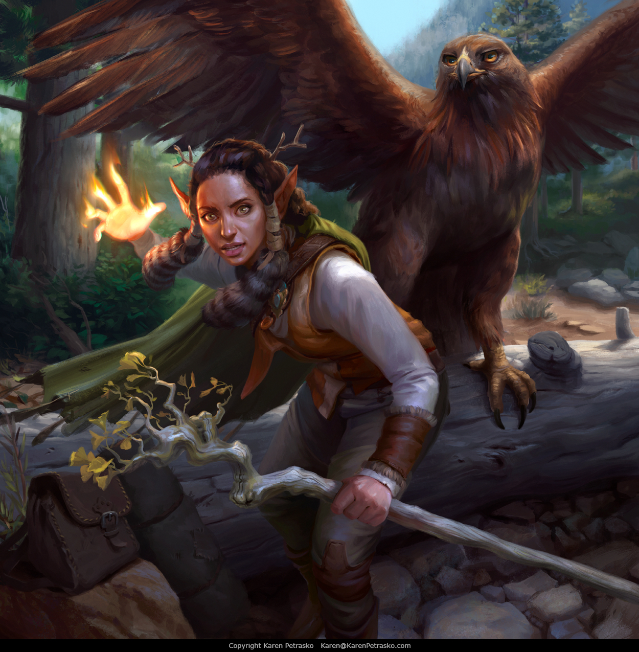D&D Female Elf Druid casting produce flame with great eagle companion