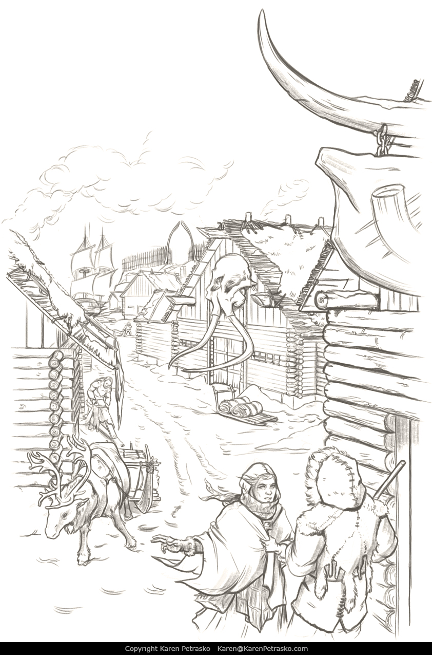 Cold wintery port trading post D&D interior art for Spectacular Settlements by Nord Games