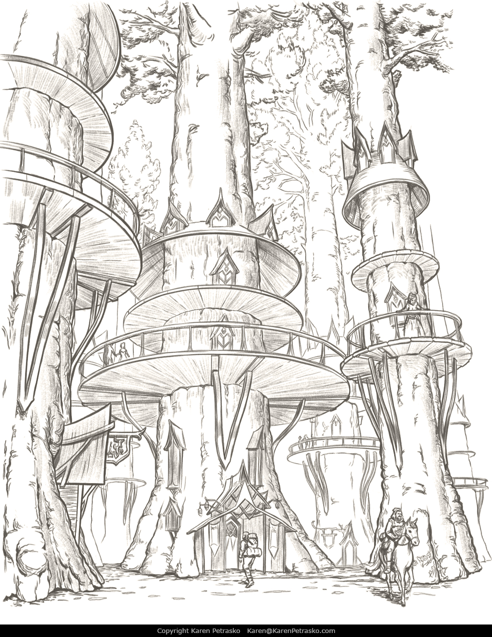 Elven tree city D&D interior art for Spectacular Settlements by Nord Games