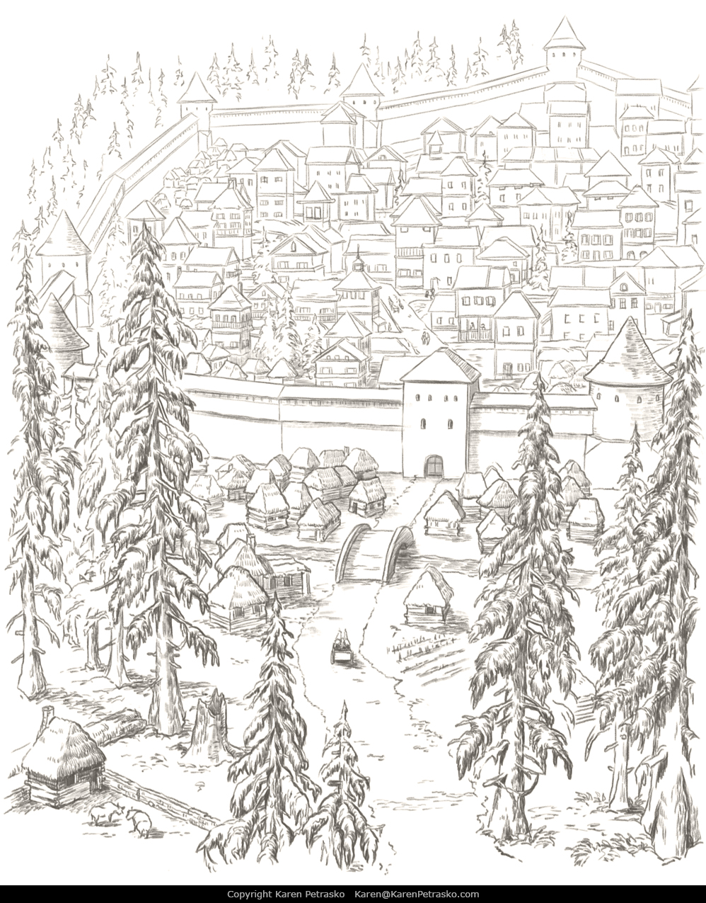 Walled city D&D interior art for Spectacular Settlements by Nord Games