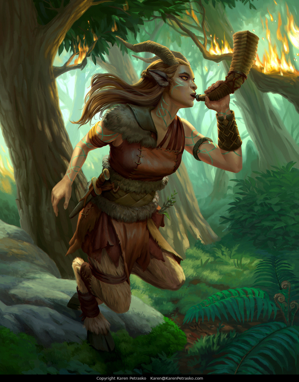 An illustration of female satyr running through a forest fire while blowing a horn