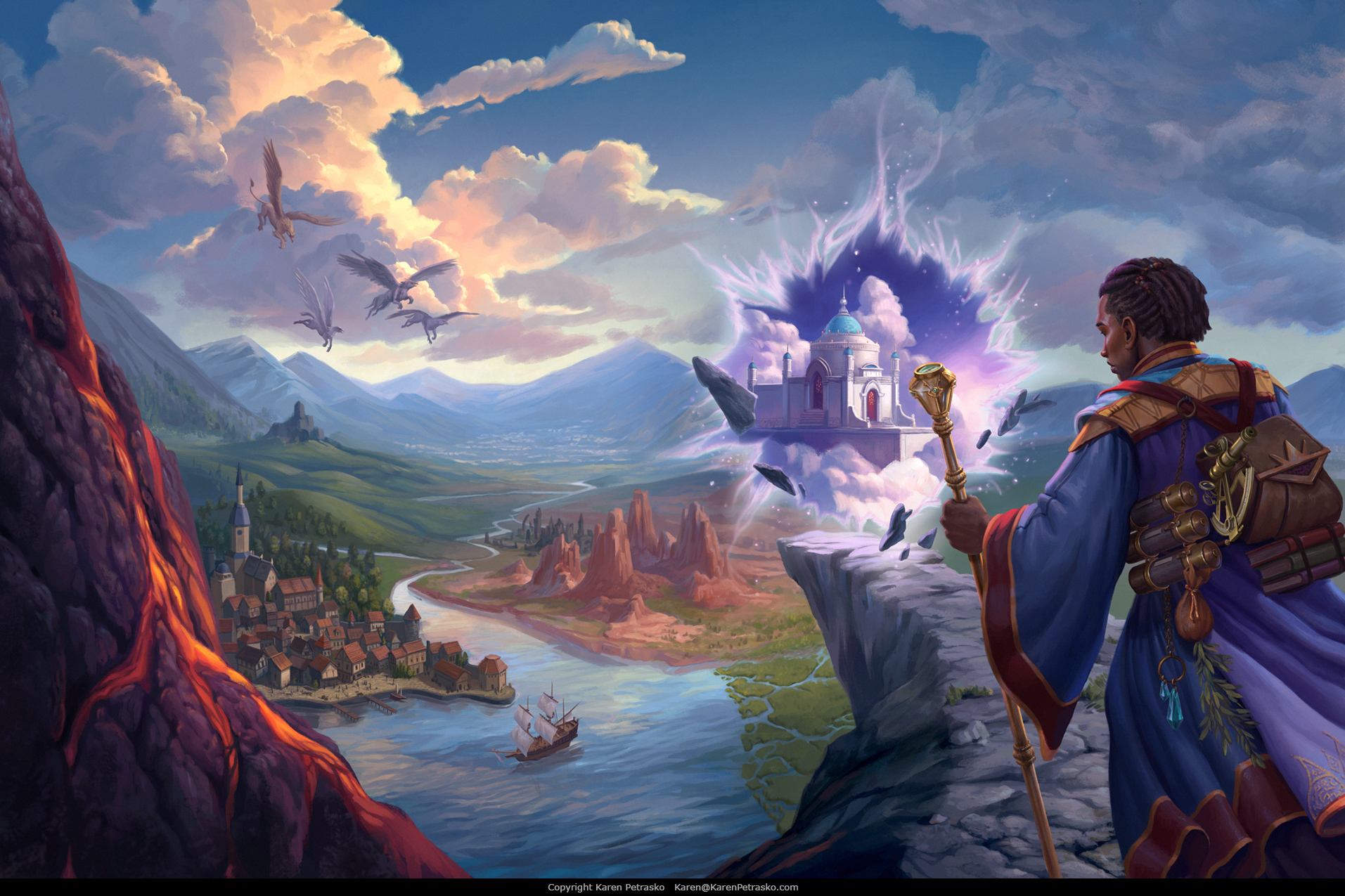 Cover illustration of a male mage holding a staff on a approaching a magical portal revealing another world on a cliff overlooking a valley