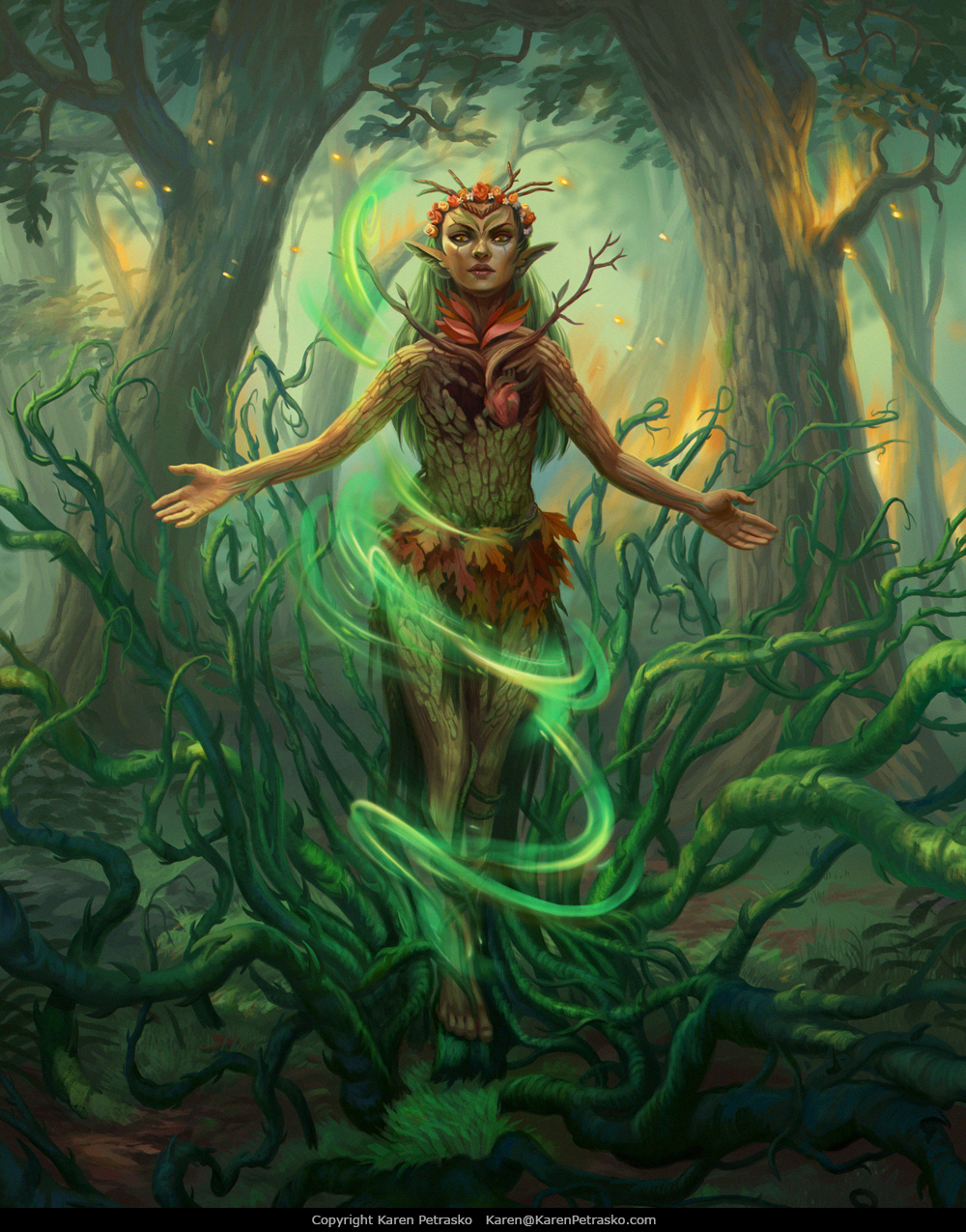 An TCG illustration of a dryad with skin made of bark sprouting roots for the game Paragon: Monsters & Mayhem