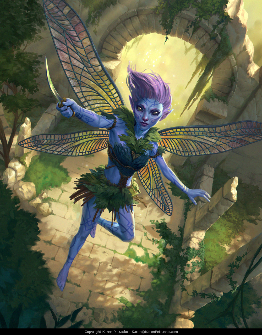 A TCG illustration of a faery sprite with dragonfly wings and blue skin flying and wielding a dagger for the game Paragon: Monsters & Mayhem