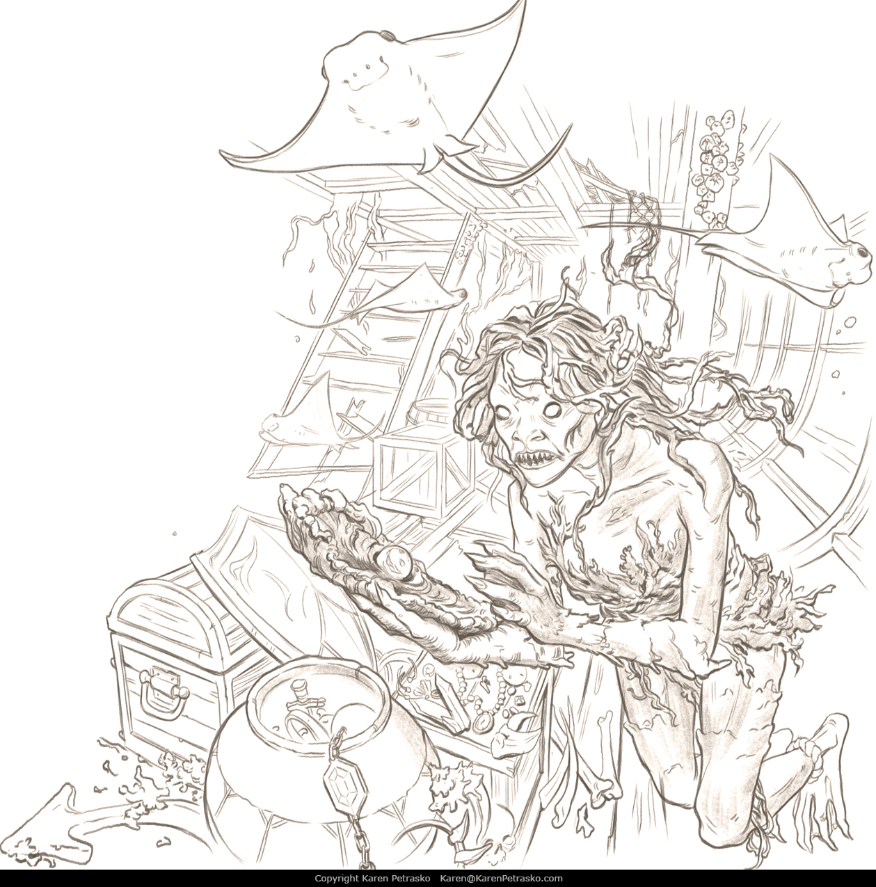 A sketch of d&d sea hag clutching a large oyster in a sunken ship wreck surrounded by manta rays and treasure for Dangerous Destinations RPG Book