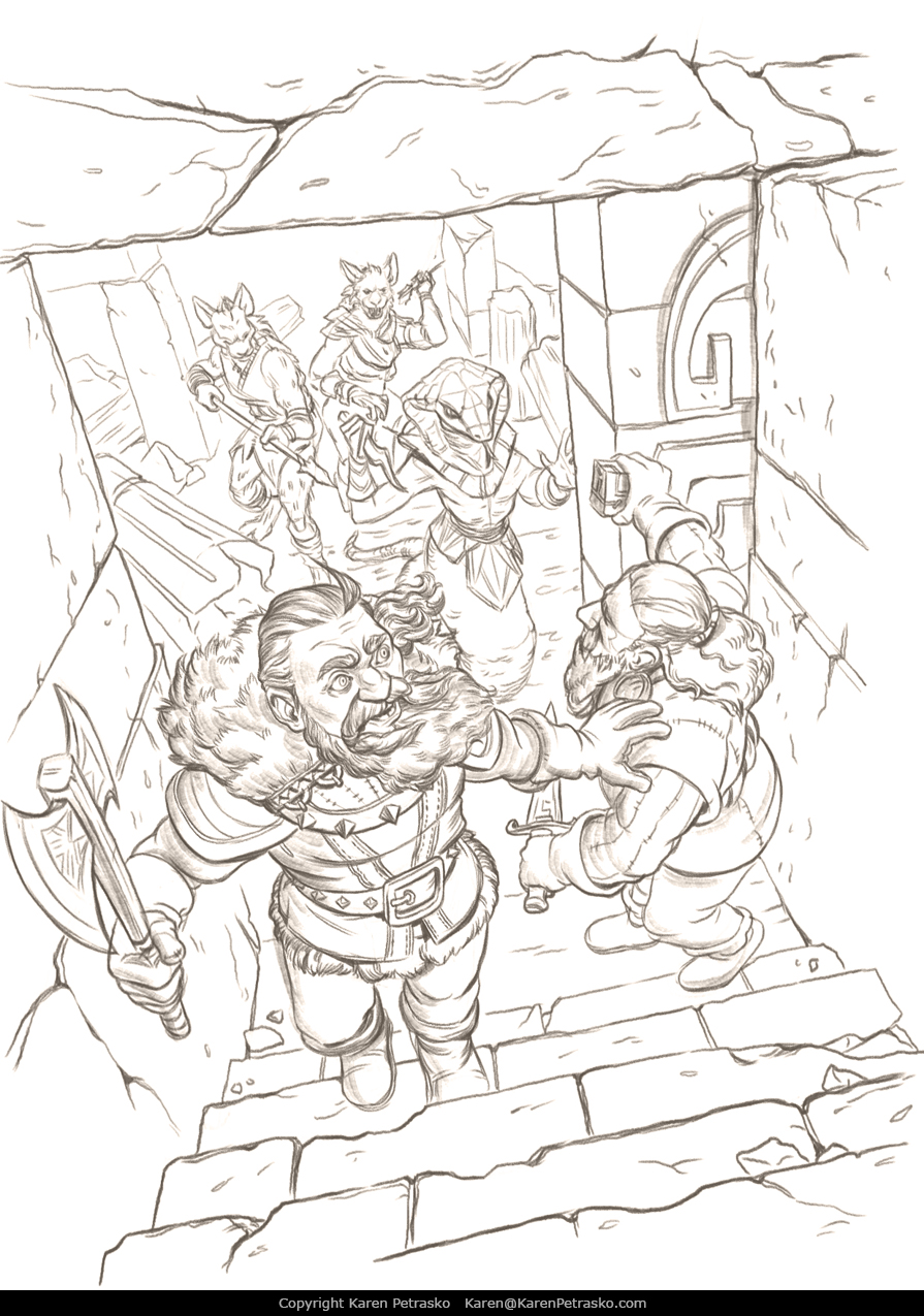 A drawing for an rpg art book of a pair of dwarves running through a ruins being chased by Nagendra and gnolls