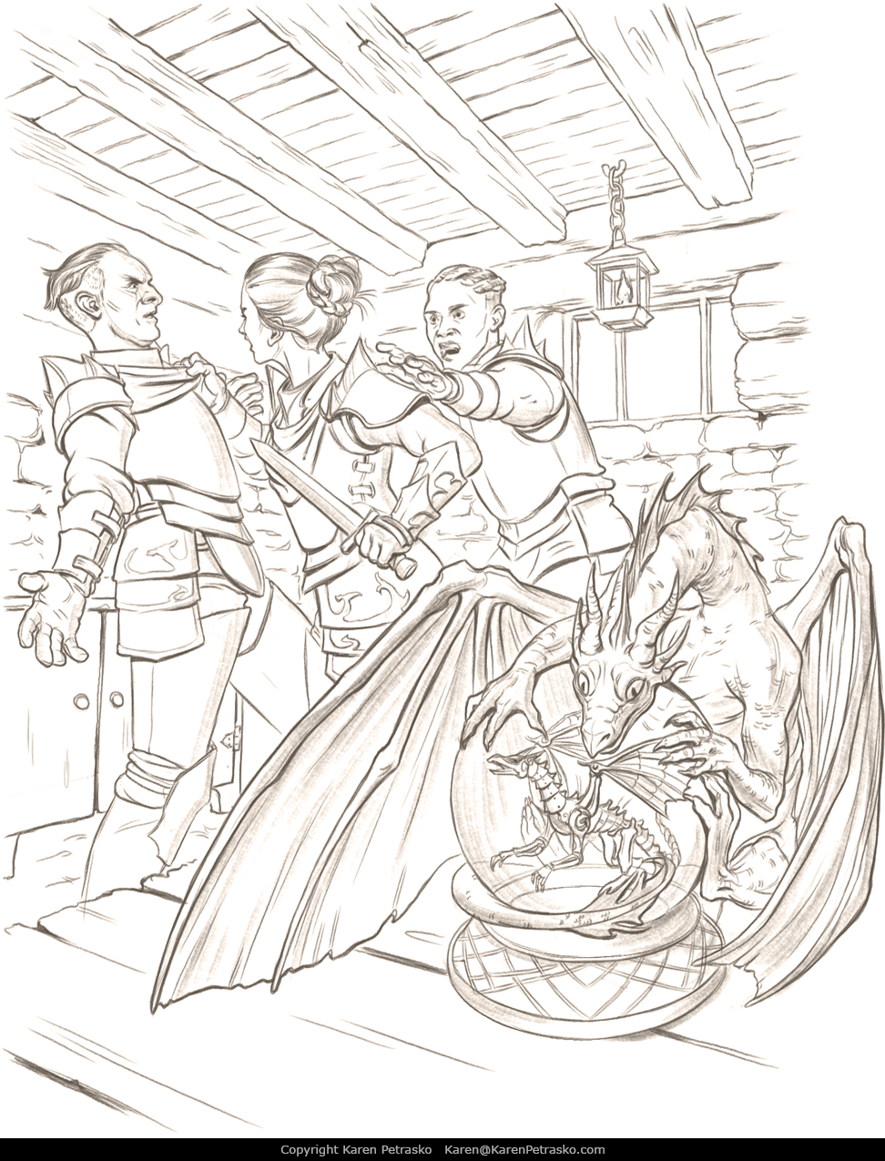 A drawing of 3 paladins in armor fighting while in the foreground a pseudodragon clutches a snowglobe of a clockwork dragon